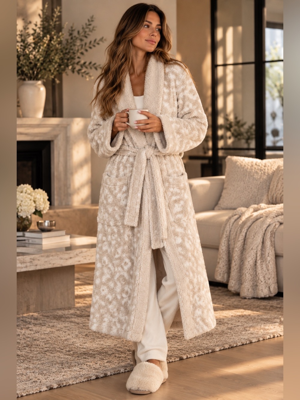 Gable & Belle Size S Cream Leopard Plush Sherpa Robe Cozy Belted Lounge Robe